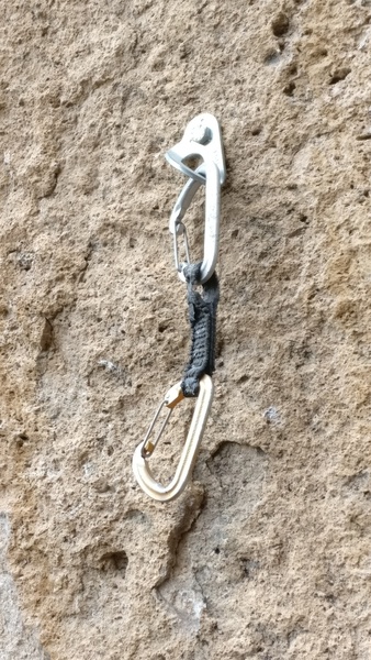 You know the old saying about gear left on routes "check it before you use it", well it certainly applies here after the massive Brian Head fire of 2017. Here's a quickdraw left on a route at the lower tier of Principality with a scorched dogbone.