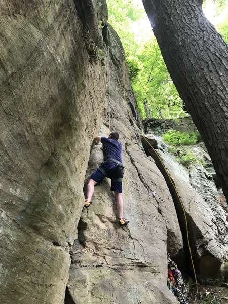 Charley climbs Christ Died Crack. He Had a Lot to Say, shown to the right, is outlined in yellow.