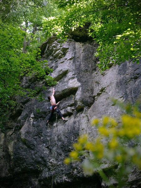 A few moves before the redpoint crux.