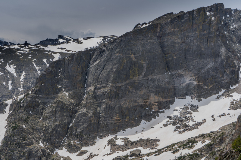 The First, Second, and Third Buttresses of Hallett Face from left to right.
<br>
<br>
Taken (6/3/18) from Emerald Lake overlook (Flat Top Trail) or just down the trail a switchback or two.
