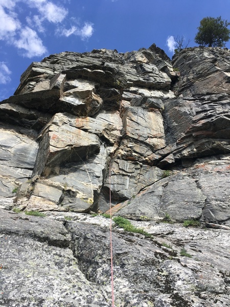 Excellent crux section. Rope is hanging on the "5.10- variation," which is steep, varied hands. Original 5.9 crux can be seen to the right.