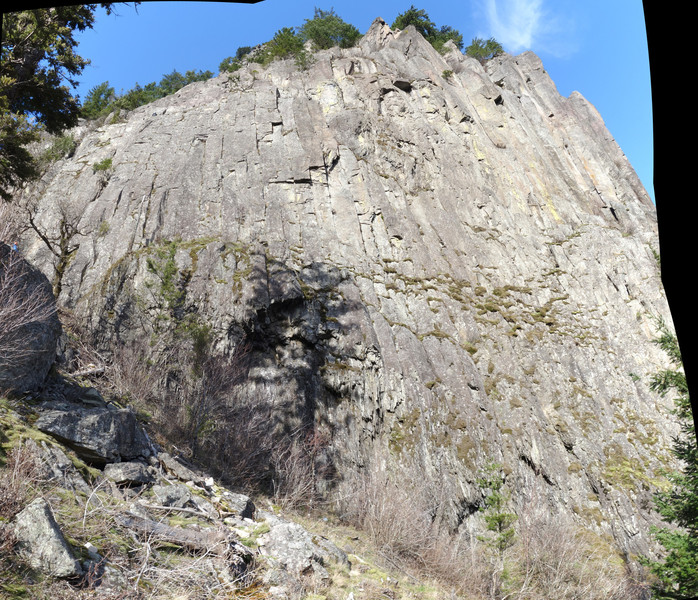 Newer climbs on the left, undeveloped central faces (choss), and the Southwest Face cracks on the upper right