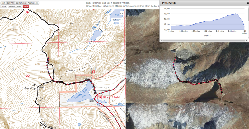 The approach I used when accessing the rappel stations at the top of the Black Wall. First follow a trail that breaks north over the ridge toward the summit of Mt Spalding. Then head down the talus toward a small section of visible cliff.