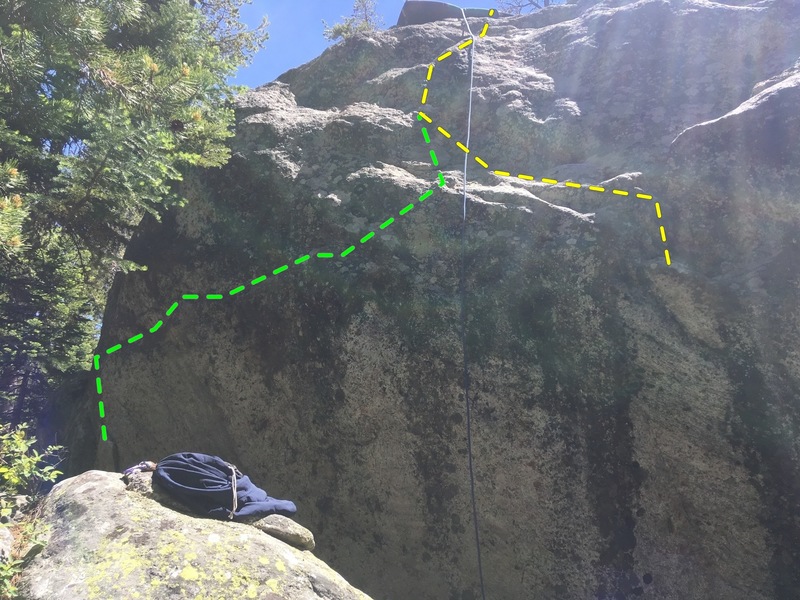 Big west facing boulder 500 meters SW of the main cluster. Green is V4 sit-start on white jug. Yellow is V2 flying start