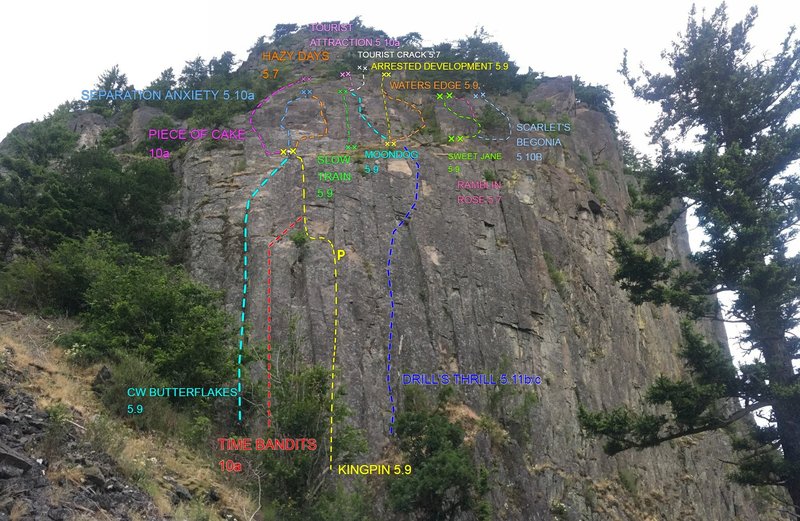Beacon West Face, many of these are mixed routes so don't forget your rack. Topo current as of APRIL 7TH 2021