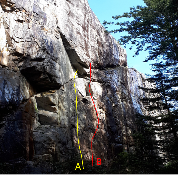 Route A. The Lost Art of Keeping A Secret 10c, Sport, 5 bolts. Chris Small, 2018. Route B. An Audience with the Emperor. 11d. Trad to 0.75" - 5 bolts. Brette Harrington. May 2018.