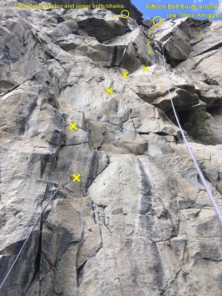 A sweet line starting on Three Amigos and ending on the anchor for the Fifteen Bolt Route. The first two bolts are on the pillar for Three Amigos. At the fifth bolt, you can go left for 5.11b up Rat Patrol (fingers in roof).