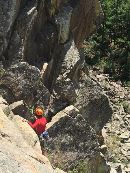 Good shot of the belay stance and turn up the face from “The Corner” up to “Bird Face”