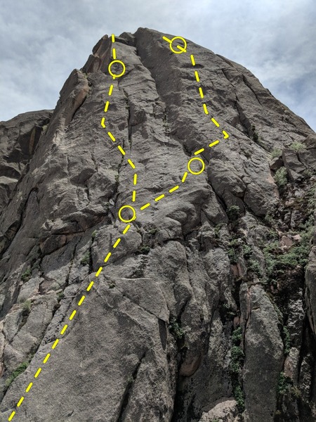An approximation & upper detail of unknown routes right of Oklahoma Princess, starting location about 200 feet (?) downhill from OKP. The right skyline above is actually left side of Acid Rock to be accurate. The photo was taken from top of Anasazi Arete.