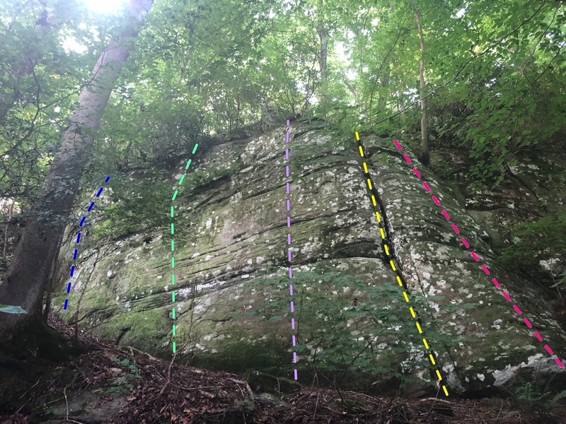 Clearcut Wall, Buford Dam Boulders, Ga<br>
Tippin V4 Blue<br>
Clearcut V2 Green<br>
CreditCheck V2 Purple<br>
Catfish Crack V5 (5.8) Yellow<br>
Bustin Hundreds V3 (5.7) Red