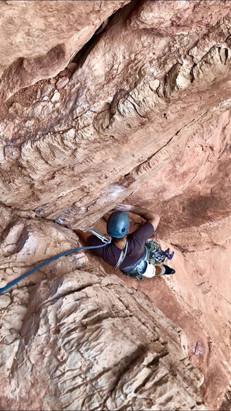 Looking down on the limestone crux of pitch one!