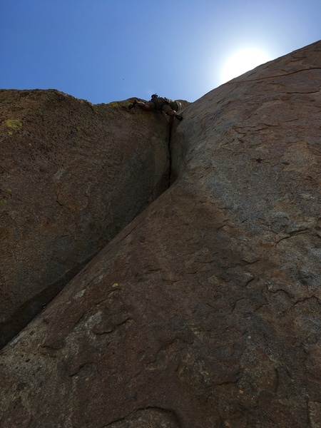 Gabe through the second crux on the FA.