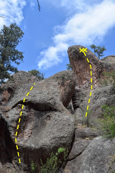 Further up the canyon, past Huecos Rancheros, there's a fun little 3 bolt line on the right (5.6/5.7ish) and a short roof-to-slab on the left. I do not know what they are.