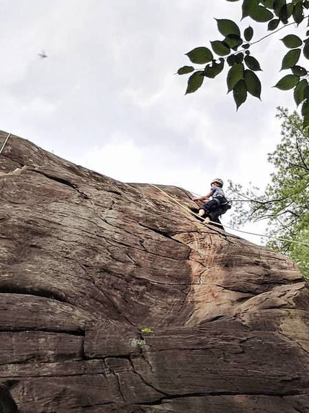 Following the arête for the finish. (IMO the more fun finish; also gives you a better clipping position than the lefthand crack variation if you have shorter arms.)