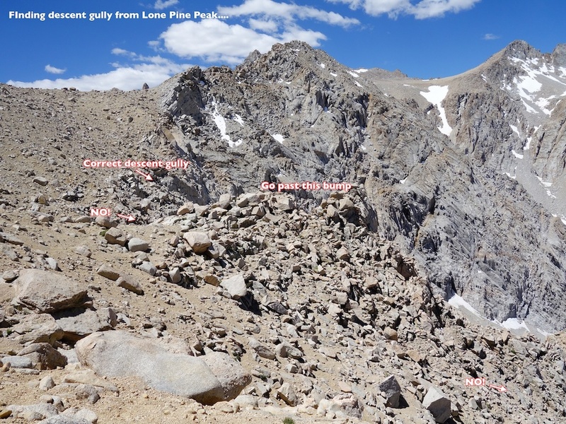 Finding the decent gully. Annotated photo.