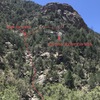 Hope this crude photo helps to plan your route and minimize impact. Descend clean, solid talus below the highway opposite the center of chimney rock to pick up the drainage. Hike up it (easy scrambling) and look for a large cairn (July ‘18)