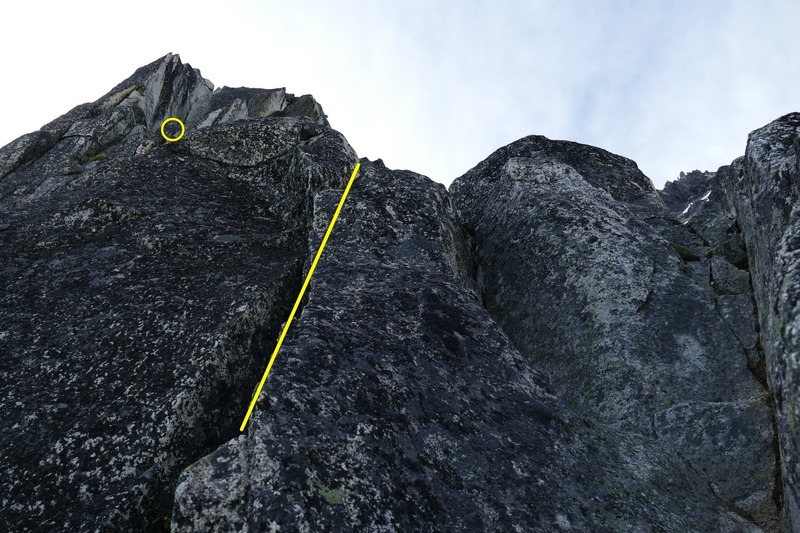 View from part way up the first pitch - 2 cracks are the first pitch and the fin like piece at the top left of the phone is the off-width start