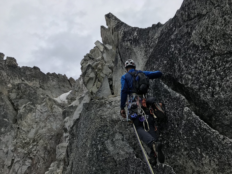 View from the belay on top of the fin - final two pitches... stay right and then left up the gully and scramble to the summit
