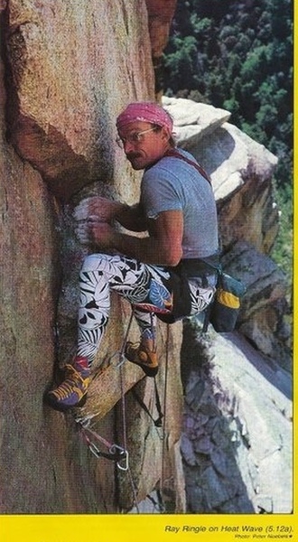 Ray Ringle on Heat Wave. Photo by Peter Noebels, Climbing Magazine 1987