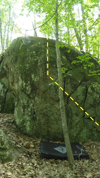 Start on lower right side of face and work up and left to topout at the finger crack just to the left of the tree. Good quality rock but the top could use a scrubbing.