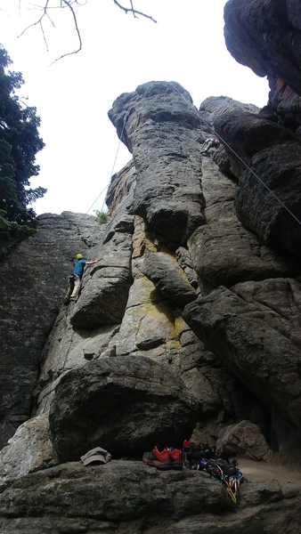 Left climber on Return of Yoda. Crack to his right is Nook and Cranny.