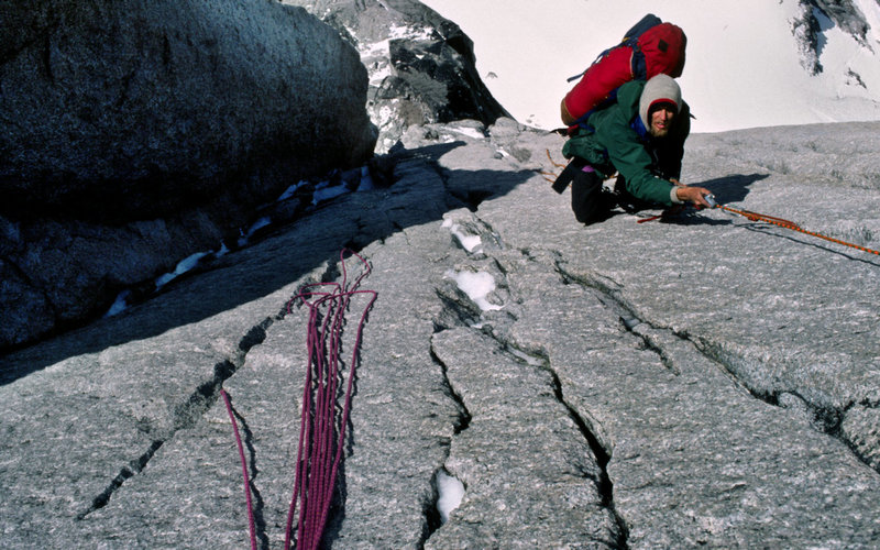 Dennis Ellsohn jugging snowy iced up cracks on day 2. July 1979