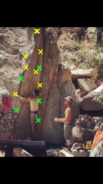 This is the start on foot loose. Next move will be a burly pull up with a left heel hook on the arete before sliding up your left hand to reach the next side pull. Hand holds marked in yellow and foot holds marked in green. Have fun :)