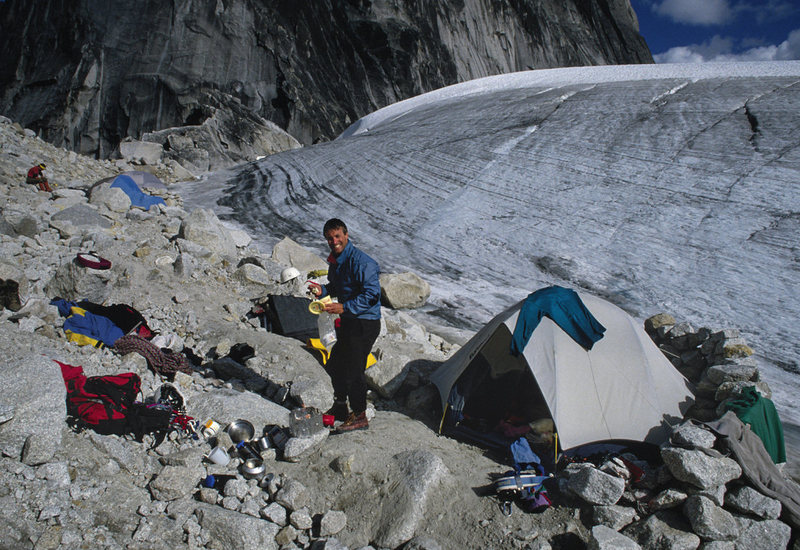 Ah the good old days! Guy Johnson at the now illegal campsites at Bugaboo-Snowpatch Col, July 1990
