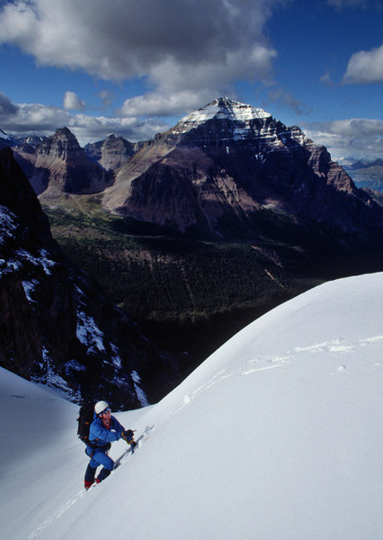 Dale Navish at the top of the 3.5 couloir on the way to the hut - August 1988.