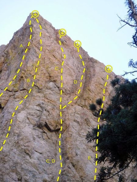 The Headwall, Williamson Rock
<br>
<br>
A. Thrillseeker (5.12b)
<br>
B. Twist of Fate (5.13b)
<br>
C. Skeletons of Society (5.12d)
<br>
D. The Overlord (5.12d)
<br>
E. The Prime Directive (5.12b)