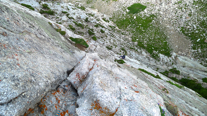 Looking down the 2nd pitch of the Lowe Route.