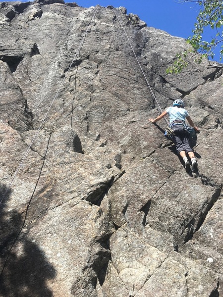 SM on the right-middle line (5.5 +/-) at Monalisa, using cracks. One could also climb the flakes above ("left-middle line"???") and left where the rope from the top is running.