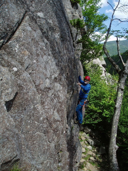 RW about 15 ft up the "far right" line. This starts in a corner on the path up,15 ft below the usual base area. Top roping the route from the bolts you should put in a directional (#2 Gold, Camalot) on the Arete, or face a bad swing.