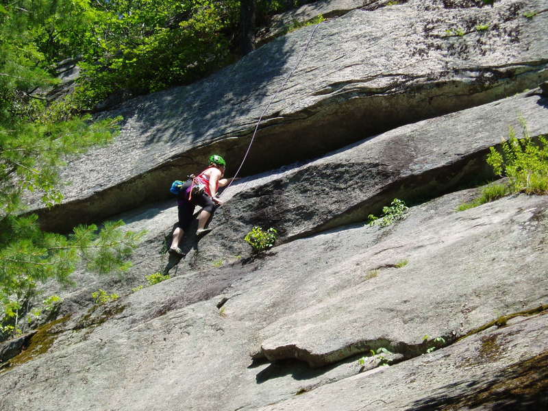 Ailie Byers on Spirit Guide; note she's left of the black lichen streak. Rope above pretty much runs on the route.