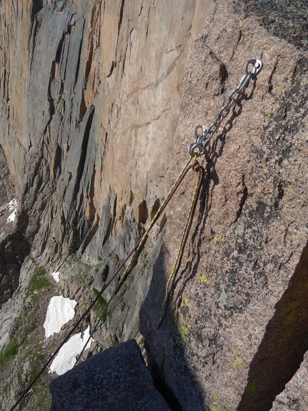 The top rappel for the Chasm View raps. 3 raps with double ropes to Broadway Ledge.