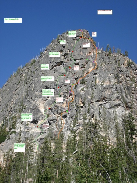 This photo was borrowed with permission from Blake Herrrington's trip report on cascadeclimbers.com.  Thin green line is <br>
Easy Getaway (10-).  Thin red line is The Perfect Crime (9).  Thicker orange line is our attempt at The Perfect Crime (also 9).