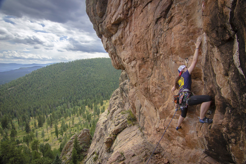 Erin in the opening moves off the ledge. Photo credit: Jonathan Trites.