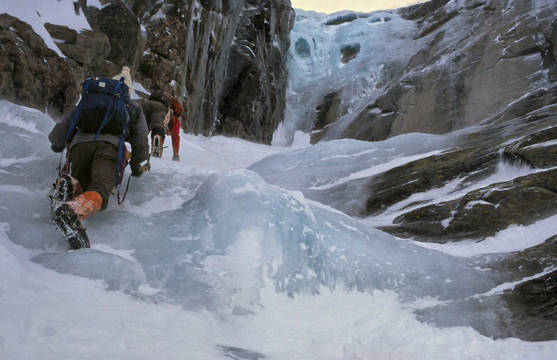 A.J. LaFluer and John Bragg approaching the crux headwall in 1975.