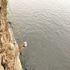 Greta rappelling off of Nauti Nana after putting up a successful FFA. One very proud 12-year old.