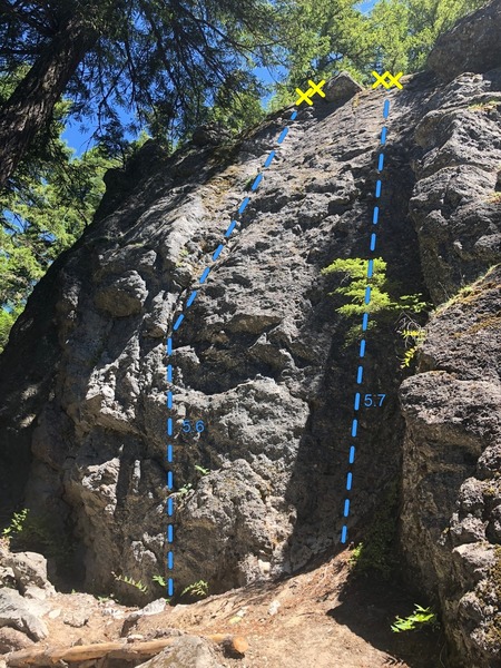 Zone 2, mid way along the crag. The book lists multiple ratings for these routes, but this is what they felt like to us. There are three more routes lookers left of these two.