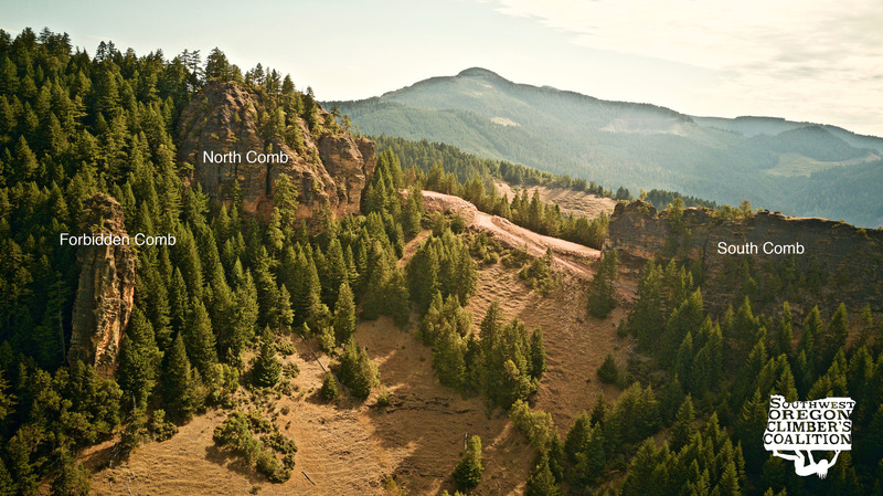 Honeycombs crag and its main three areas. You can access the crags via the road that leads to the logging platform in the middle of the photo