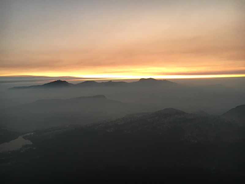 Sunset awaiting us at the top of Cathedral Peak. Adjacent wild fires provided the smoky contrast.