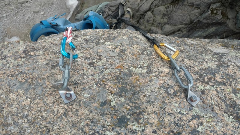 A good place to hang packs out of reach of the marmots (the leftmost anchor, viewed from the top).