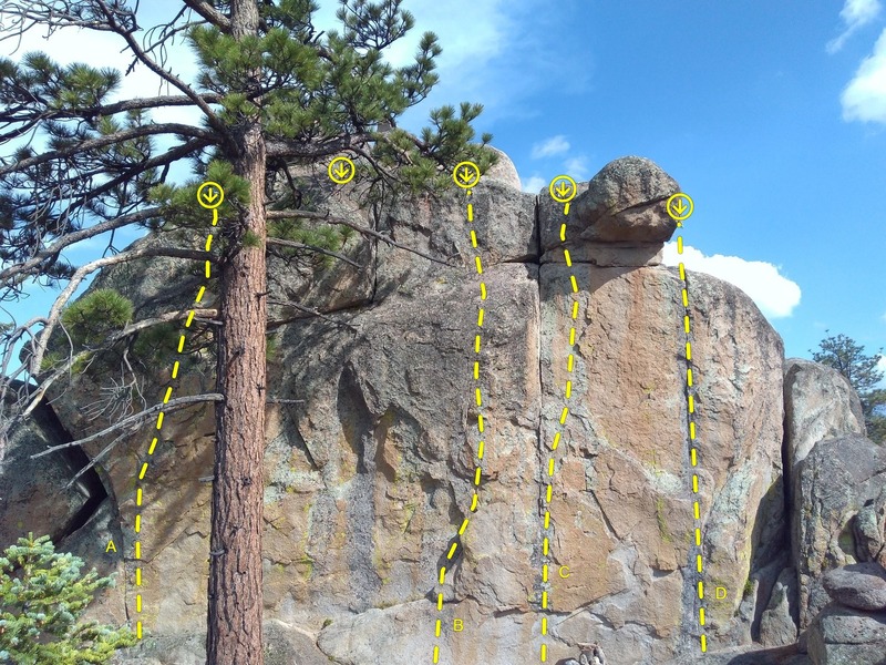 The Sushi Bar, Holcomb Valley Pinnacles
<br>
<br>
A. Wasabi Dude (5.10a)
<br>
B. Miso Horney (5.11a)
<br>
C. Uni Crack (5.10c)
<br>
D. Biru 30 (5.10a)