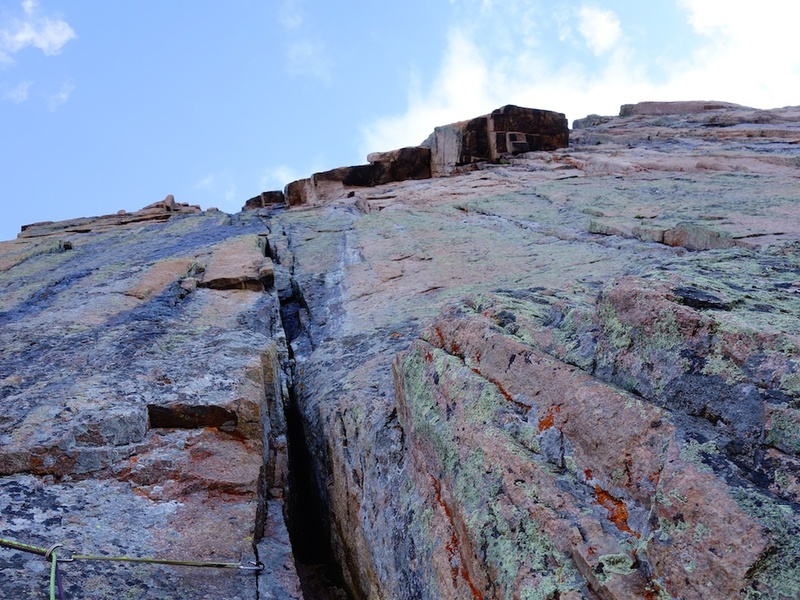 Looking up at the Black Dagger pitch 1 (left) and Forrest Finish (right) pitches above Table Ledge.
