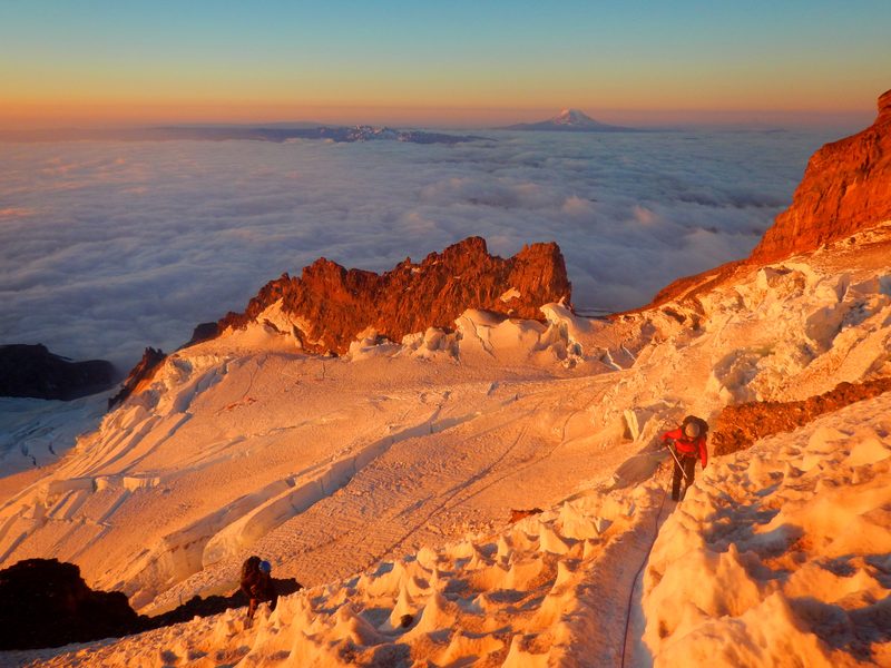Alpenglow over Ingraham Glacier (high camp below)