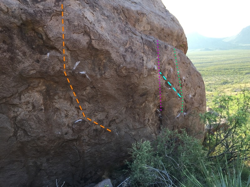 Furthest right line on the east face is Twin Peaks (Green)
<br>
Blue link up is Melons
<br>
Purple is JC
<br>
Orange is BFB