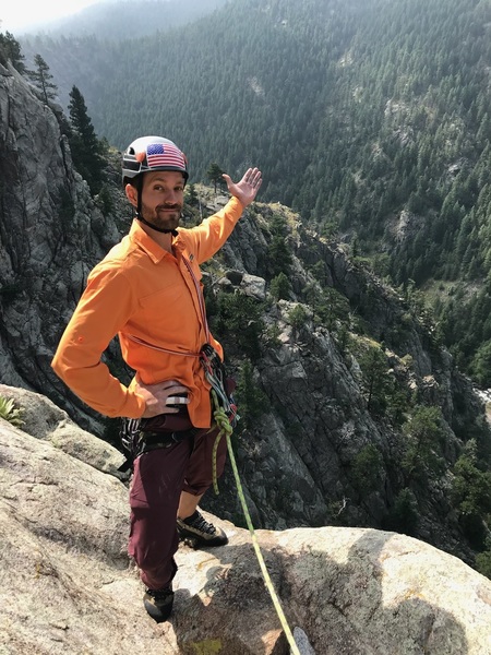 The belay ledge on the second pitch. The view is hard to beat.