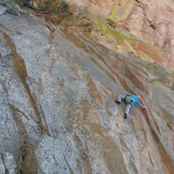 The first pitch of the route. There is less lichen now than when Jesse Schultz took this photo.
