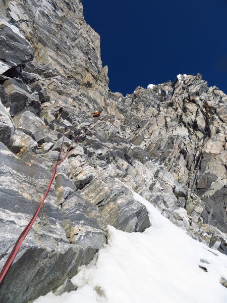 The Tooth traverse ledges, one pitch below the Notch